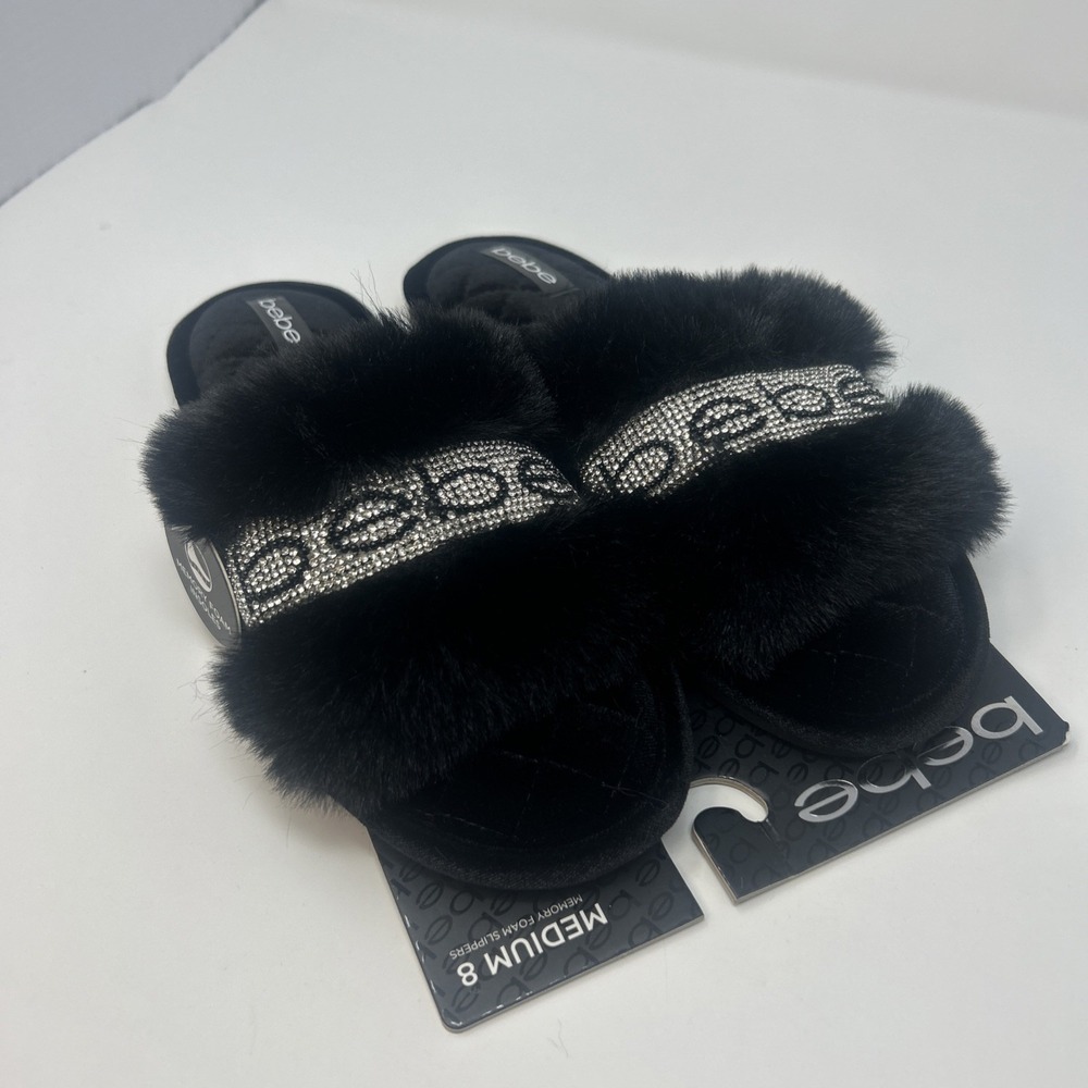 NEW Black BEBE Fuzzy Rhinestone Slippers Memory Foam Sz 8 Indoor/Outdoor